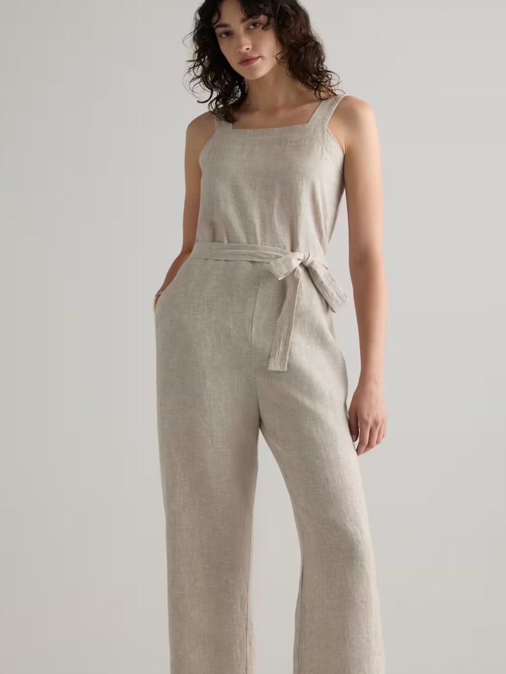 Quince Women's 100% European Linen Square Neck Jumpsuit in Natural Size XS